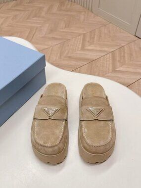 Prada Beige Suede Platform Slip On Mules